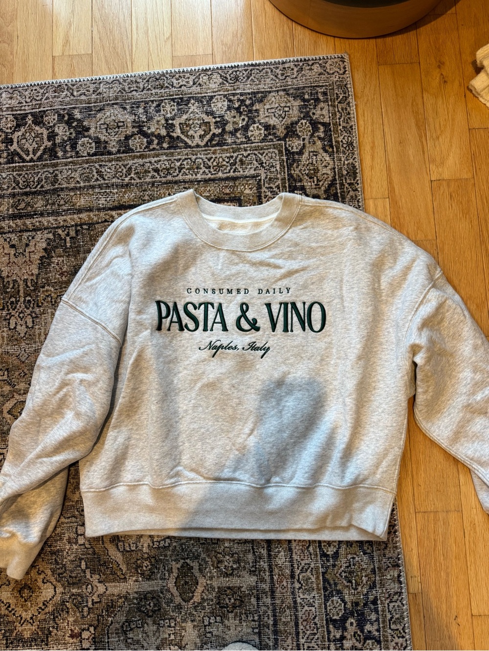 Abercrombie & Fitch Light Gray Crewneck with Green "Pasta & Vino" Graphic